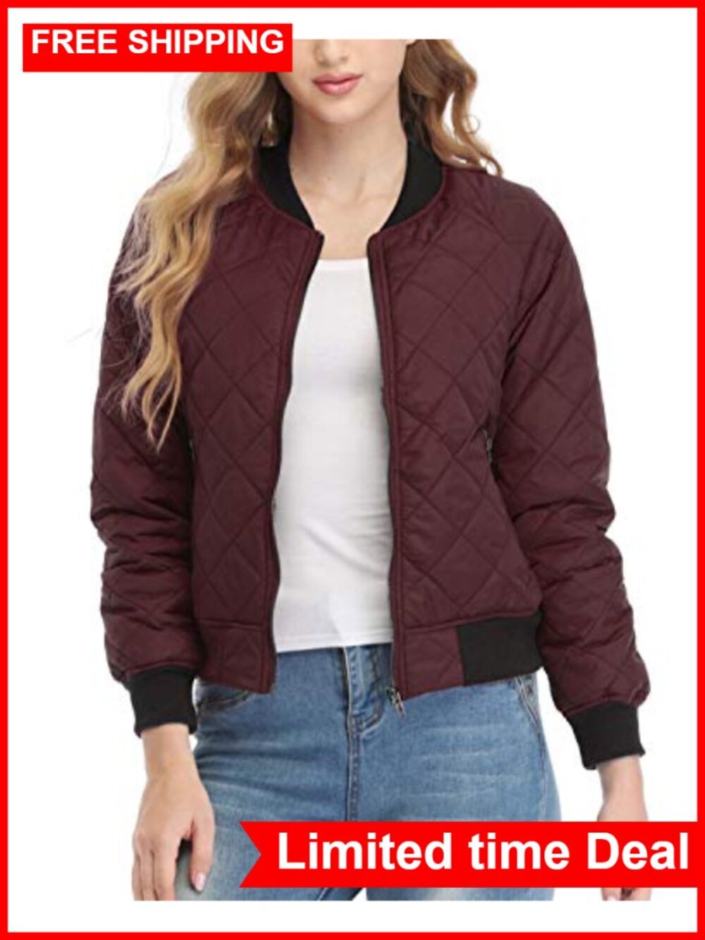 Women's Quilted Bomber Jacket Lightweight Zip Up Casual Outerwear with Pockets